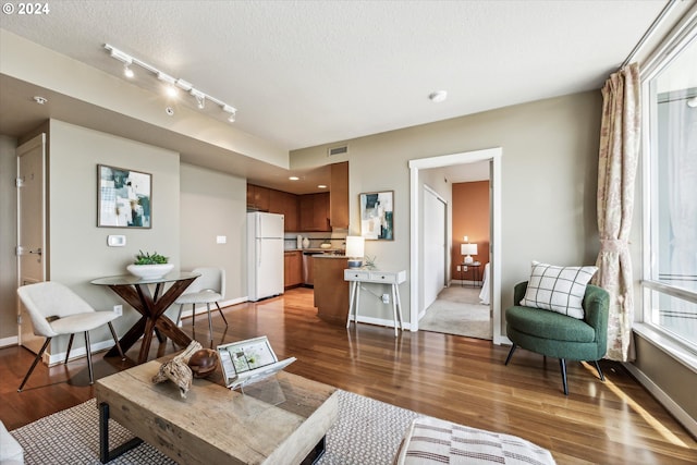 living room with a textured ceiling and dark hardwood / wood-style floors