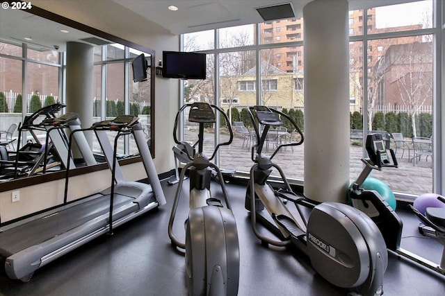 workout area with expansive windows