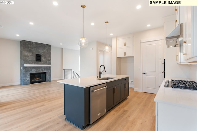 kitchen with a sink, extractor fan, light wood-style floors, appliances with stainless steel finishes, and white cabinetry