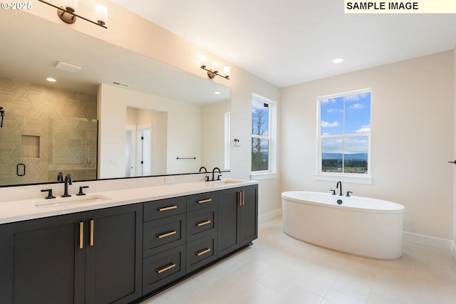 full bathroom with a shower stall, a freestanding tub, double vanity, and a sink