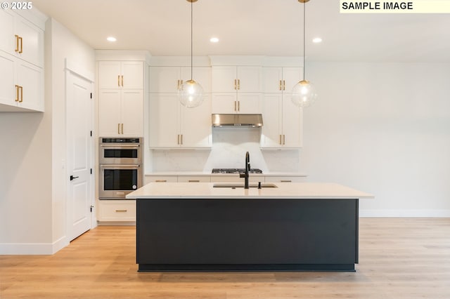 kitchen with under cabinet range hood, stainless steel appliances, light wood-type flooring, and white cabinetry