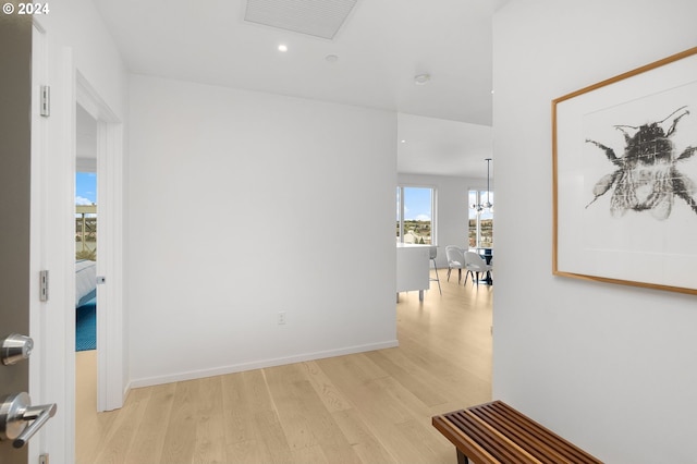 hallway with light wood-type flooring and an inviting chandelier