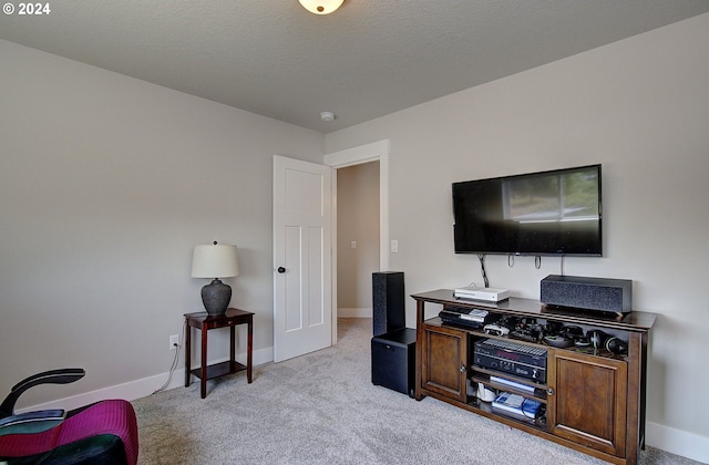 home office with light carpet and a textured ceiling