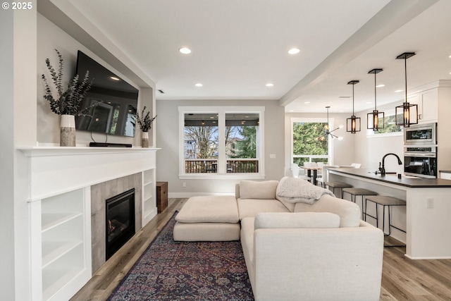 living room with sink, light hardwood / wood-style flooring, and a premium fireplace