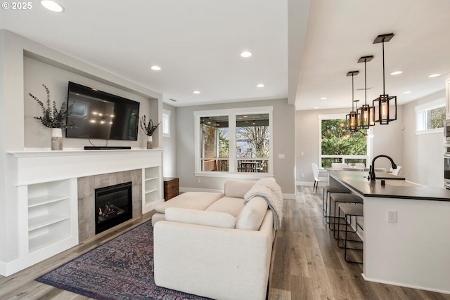 living room with a fireplace, sink, and light hardwood / wood-style flooring