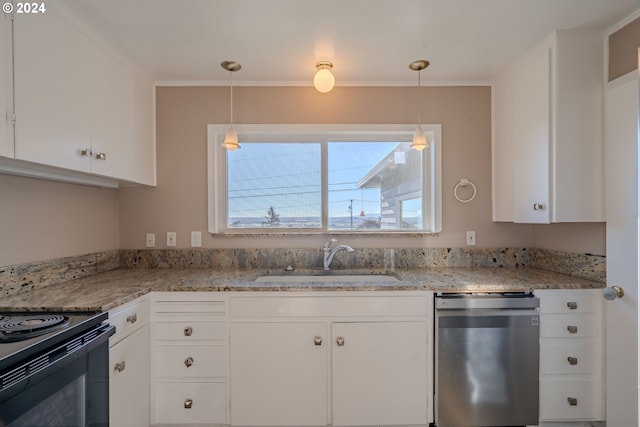 kitchen featuring dishwasher, white cabinetry, sink, and decorative light fixtures