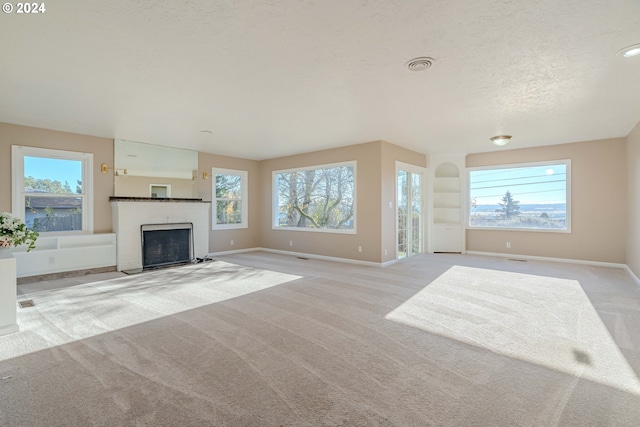 unfurnished living room with light carpet, plenty of natural light, and a textured ceiling