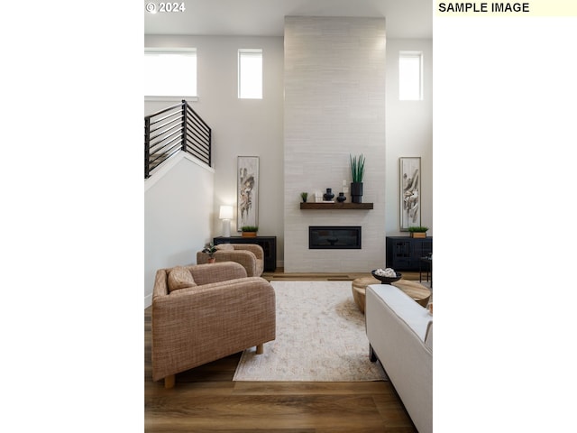 living room featuring a healthy amount of sunlight, a high ceiling, dark wood-type flooring, and sink