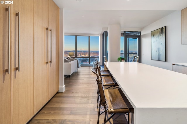 kitchen with wood finished floors, a breakfast bar, light brown cabinetry, expansive windows, and modern cabinets