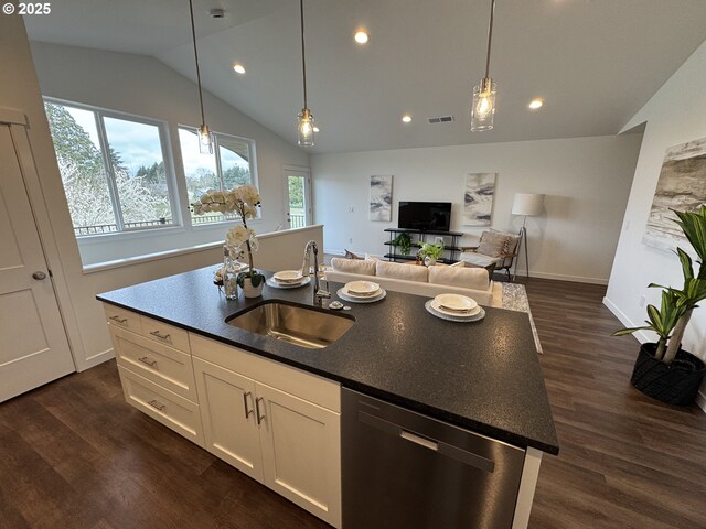 hall with lofted ceiling, baseboards, visible vents, and dark wood-style flooring