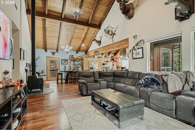 living room with wood ceiling, high vaulted ceiling, hardwood / wood-style floors, and a wood stove