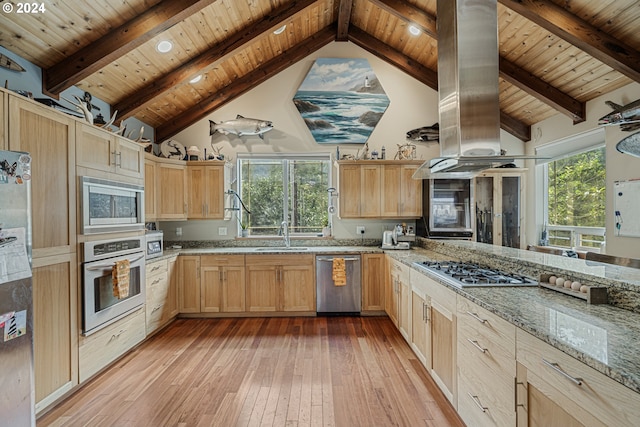 kitchen featuring appliances with stainless steel finishes, wood ceiling, light stone counters, light hardwood / wood-style floors, and light brown cabinets