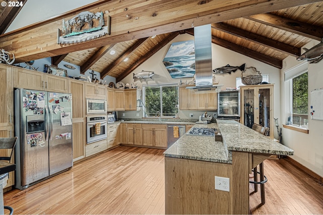 kitchen with a kitchen island, wooden ceiling, light hardwood / wood-style flooring, light brown cabinetry, and appliances with stainless steel finishes