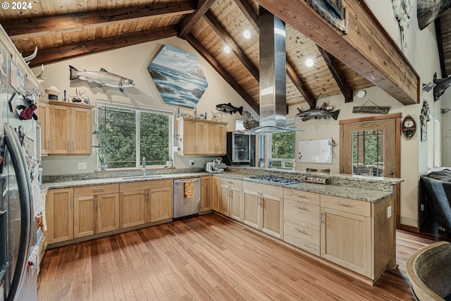 kitchen featuring wooden ceiling, light wood-type flooring, appliances with stainless steel finishes, kitchen peninsula, and high vaulted ceiling