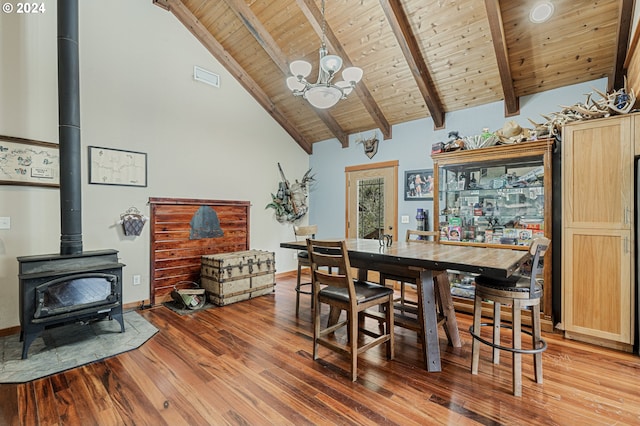 dining area featuring wooden ceiling, a wood stove, hardwood / wood-style floors, beam ceiling, and high vaulted ceiling