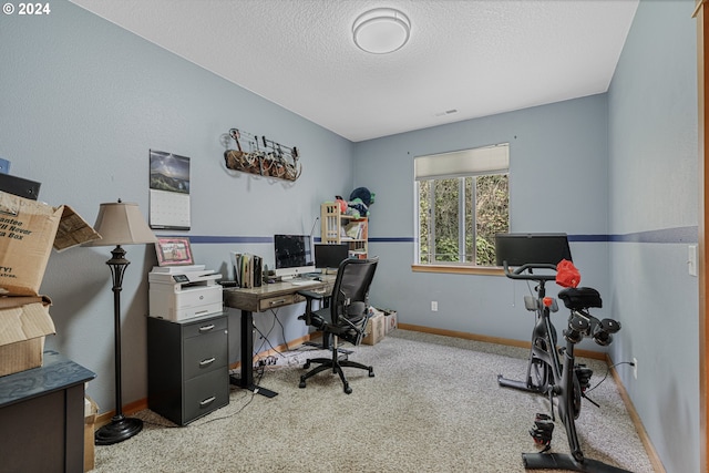 carpeted office space featuring a textured ceiling