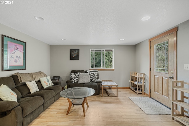 living room featuring a textured ceiling and light hardwood / wood-style floors