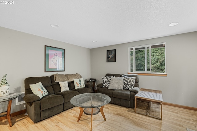 living room with light wood-type flooring and a textured ceiling