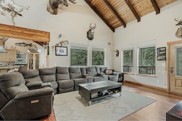 living room with wood ceiling, high vaulted ceiling, light hardwood / wood-style flooring, and beamed ceiling