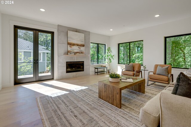 living room featuring a fireplace, french doors, light wood-type flooring, and a wealth of natural light