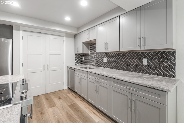 kitchen featuring appliances with stainless steel finishes, gray cabinets, a sink, light wood-style floors, and decorative backsplash