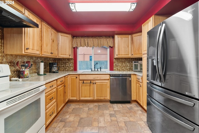 kitchen with backsplash, sink, stainless steel appliances, and ventilation hood