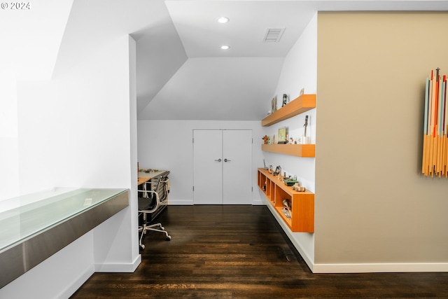 office with vaulted ceiling, dark wood-style flooring, visible vents, and recessed lighting