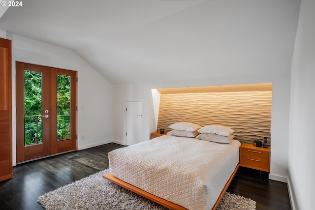 bedroom featuring lofted ceiling, access to exterior, dark hardwood / wood-style flooring, and french doors