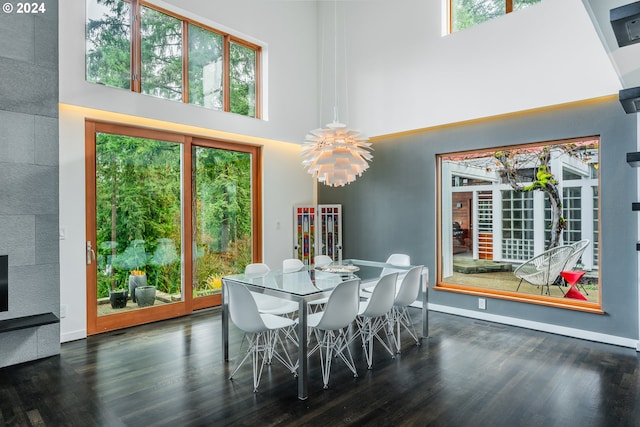 dining room with dark hardwood / wood-style flooring, a chandelier, and a high ceiling