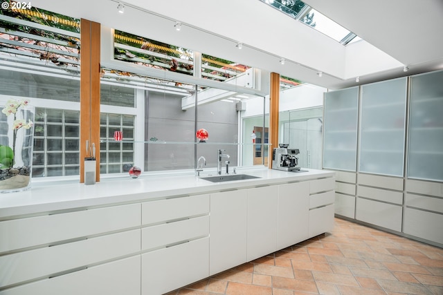 interior space with a skylight, a sink, and rail lighting