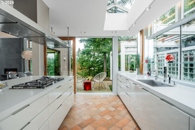 bathroom featuring a tile fireplace, a skylight, sink, a wall of windows, and track lighting