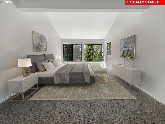 unfurnished bedroom featuring high vaulted ceiling and carpet