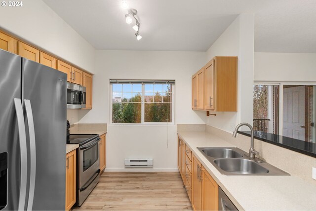 kitchen featuring kitchen peninsula, stainless steel dishwasher, baseboard heating, sink, and a chandelier