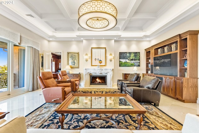 tiled living room featuring beam ceiling, ornamental molding, and coffered ceiling