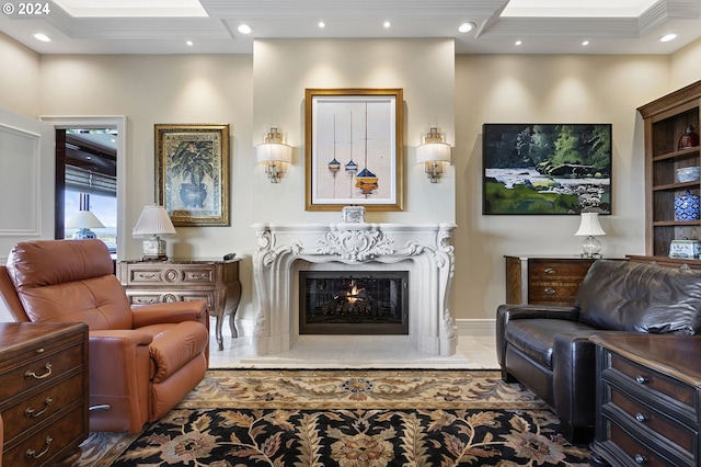 living area featuring a high end fireplace