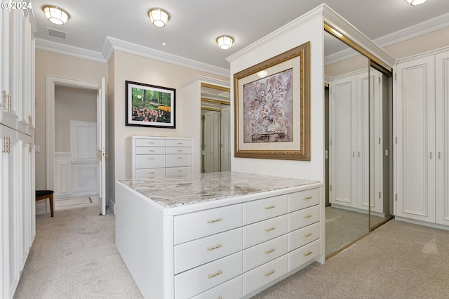 spacious closet featuring light colored carpet