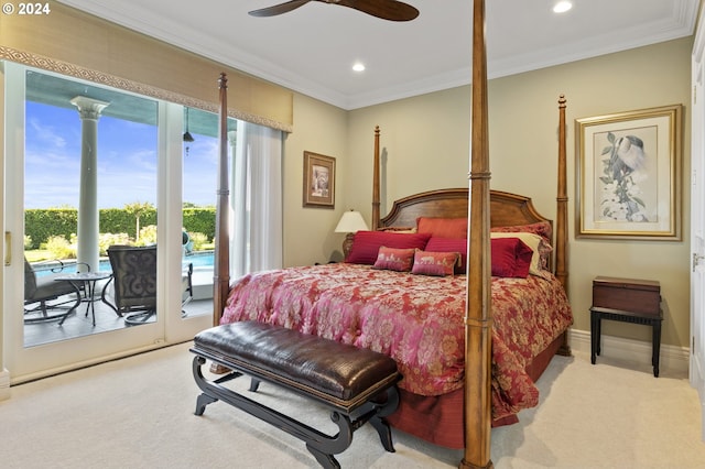 bedroom featuring access to exterior, ceiling fan, light colored carpet, and ornamental molding