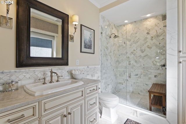 bathroom featuring vanity, toilet, tile walls, and a shower with shower door