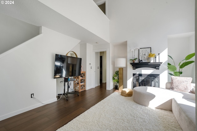 living room with a high ceiling and dark hardwood / wood-style floors