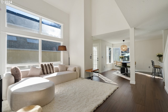 living room featuring a high ceiling, dark wood-type flooring, and a healthy amount of sunlight