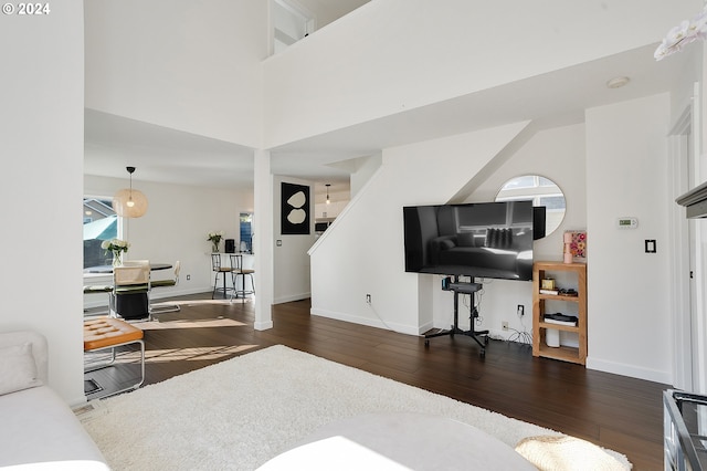 living room featuring a towering ceiling and dark hardwood / wood-style flooring