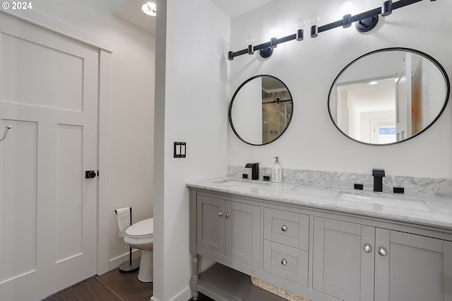 bathroom featuring hardwood / wood-style flooring, vanity, and toilet