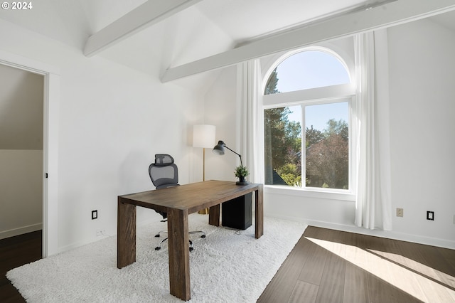 home office featuring vaulted ceiling with beams and hardwood / wood-style floors