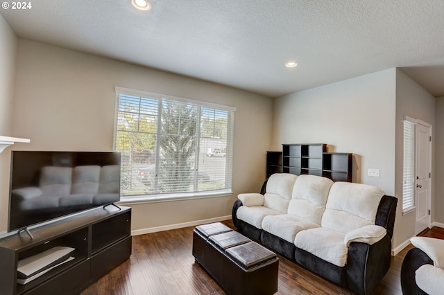 living room featuring a textured ceiling and dark wood-type flooring