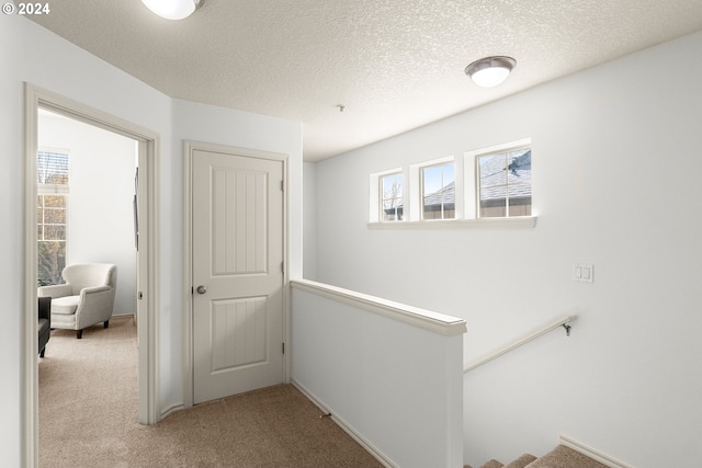 hallway with light carpet and a textured ceiling