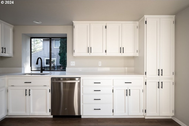 kitchen with sink, dark hardwood / wood-style floors, white cabinetry, and stainless steel dishwasher