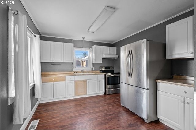 kitchen featuring dark hardwood / wood-style floors, white cabinetry, sink, stainless steel appliances, and crown molding