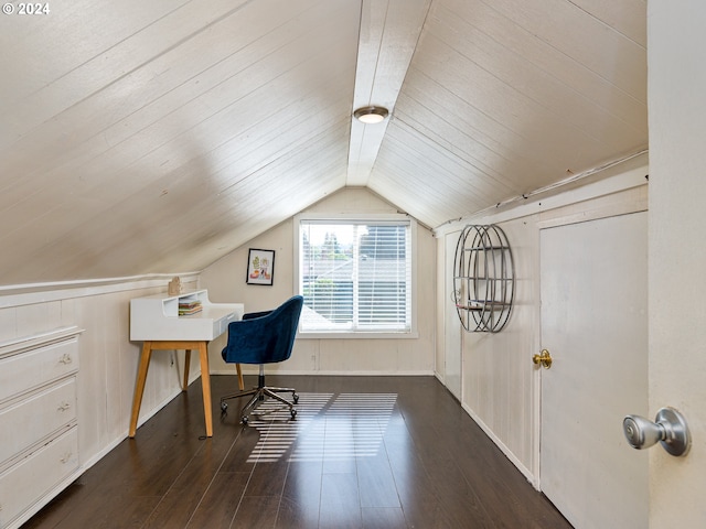 unfurnished office featuring dark wood-type flooring, wood ceiling, and lofted ceiling