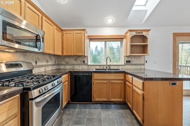 kitchen featuring kitchen peninsula, appliances with stainless steel finishes, a skylight, sink, and dark hardwood / wood-style floors