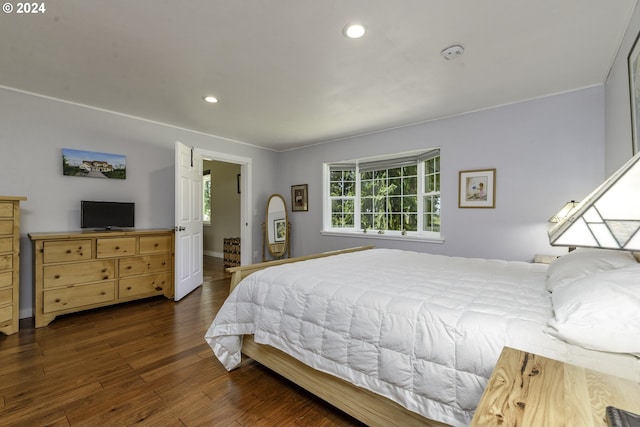 bedroom with dark hardwood / wood-style floors